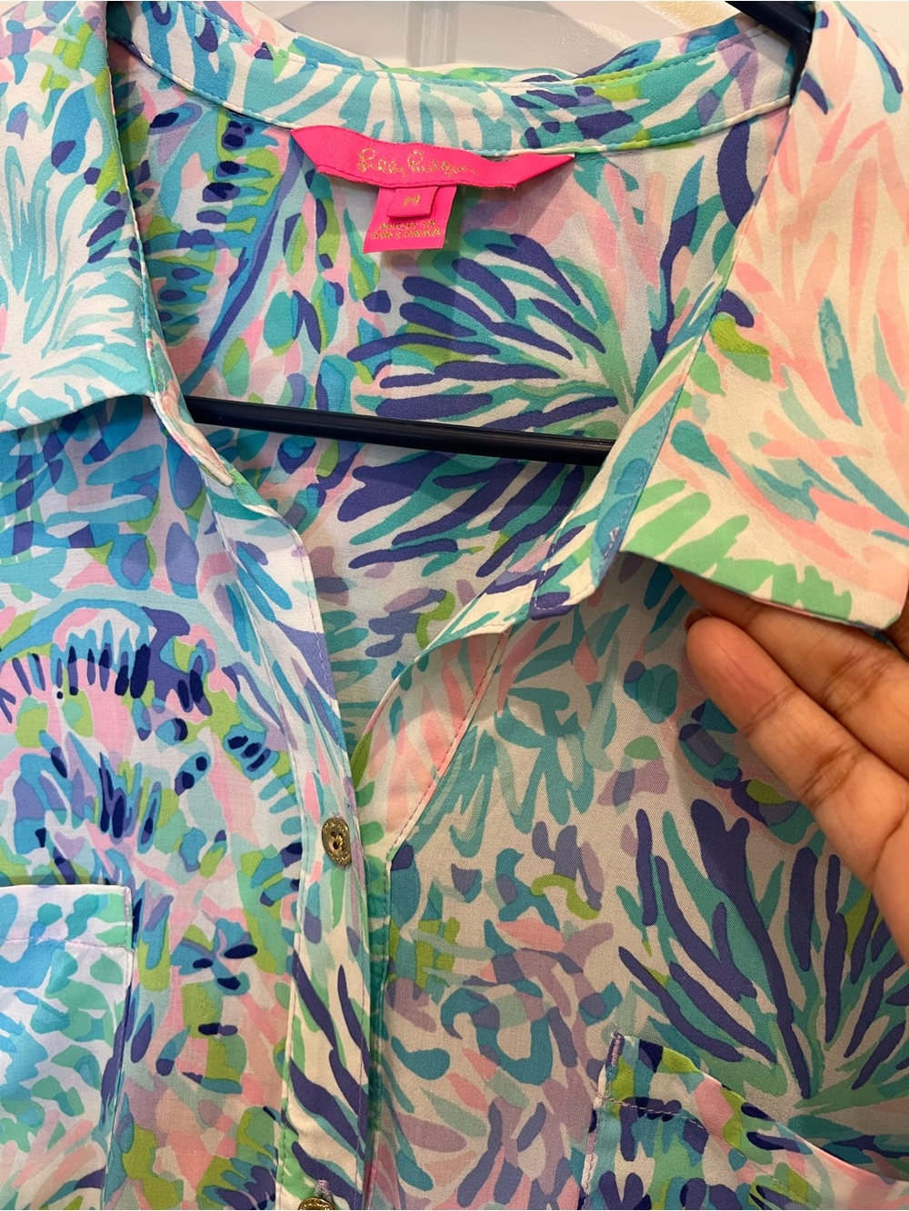 $98 Lilly Pulitzer Turquoise Blue Pink Green Palm-Print Shirtdress - Picture 10 of 11
